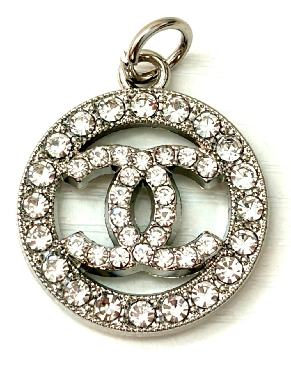 Chanel Round Silver Rhinestone CC Charm Pendant